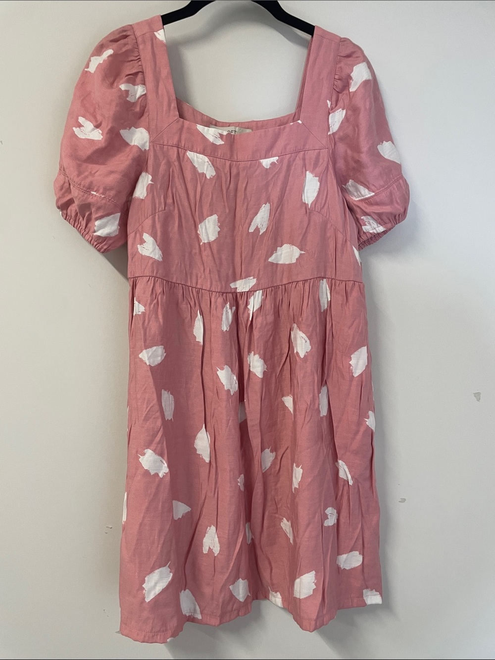 LOFT Salmon and White Print dress mini darts puff sleeve sheath pockets lite S